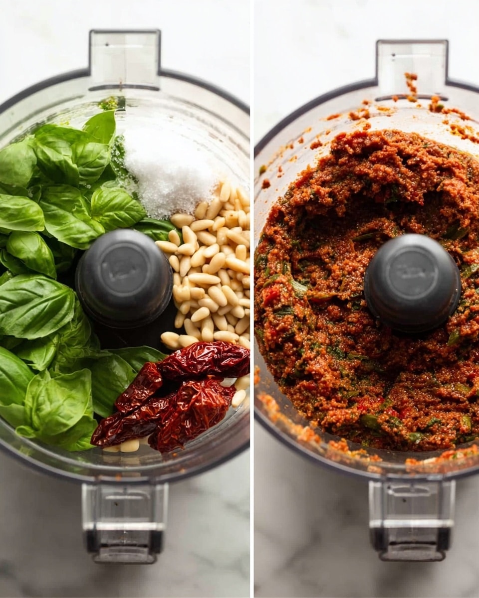 A clear food processor bowl filled with fresh bright green basil leaves on the bottom left, white coarse salt scattered on the right, light beige pine nuts in the lower right, and deep red sun-dried tomatoes placed on top toward the upper right, all sitting on a white marbled surface. In the second part, the same clear bowl shows a thick, crumbly mixture of blended ingredients in a deep reddish-brown color with small visible bits, surrounding the black metal blade inside, all set against the white marbled background. Photo taken with an iphone --ar 4:5 --v 7