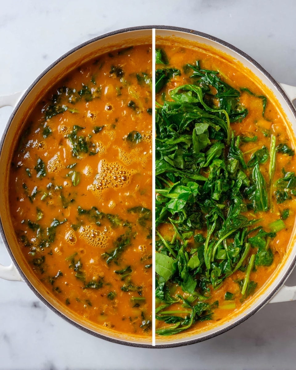 The image shows a round, white pan filled with a warm orange soup that has small bubbles on the surface. Inside the soup, there are bright green leafy vegetables spread on top, some whole and some slightly wilted. The soup looks thick with bits of herbs and small textured pieces mixed throughout. The pan is placed on a white marbled surface. The photo is clear and bright, highlighting the contrast between the orange soup and green leaves. photo taken with an iphone --ar 4:5 --v 7