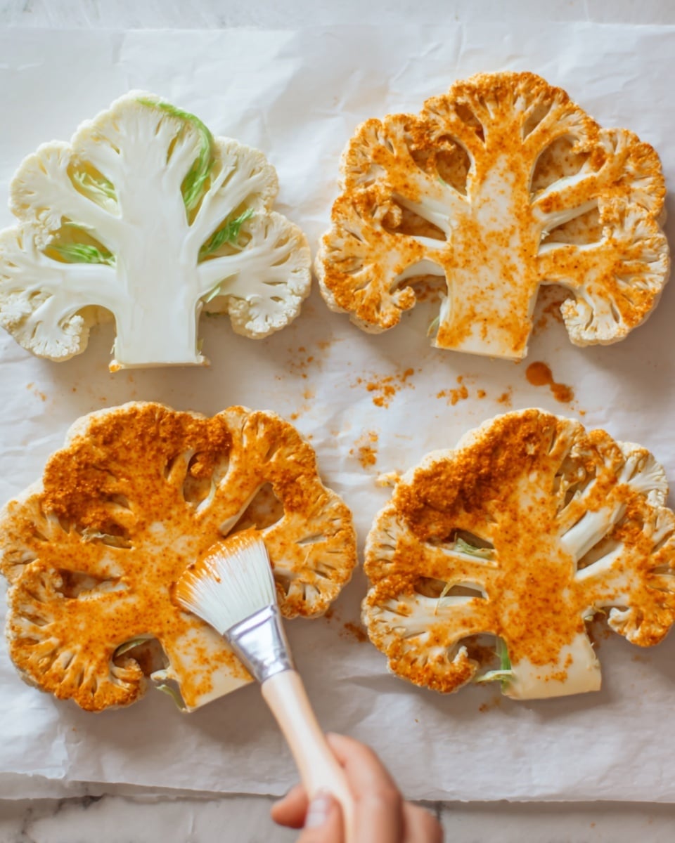 The image shows four thick slices of cauliflower laid flat on white parchment paper over a white marbled surface. Two cauliflower slices are raw and white, positioned on the upper left, while the other two slices on the right side are coated evenly with a golden-orange spice mix. A woman's hand holding a white brush is spreading the orange spice on a raw cauliflower slice near the bottom left. The spice layer has a rough texture and covers the cauliflower evenly. The overall scene looks bright with soft lighting. Photo taken with an iphone --ar 4:5 --v 7