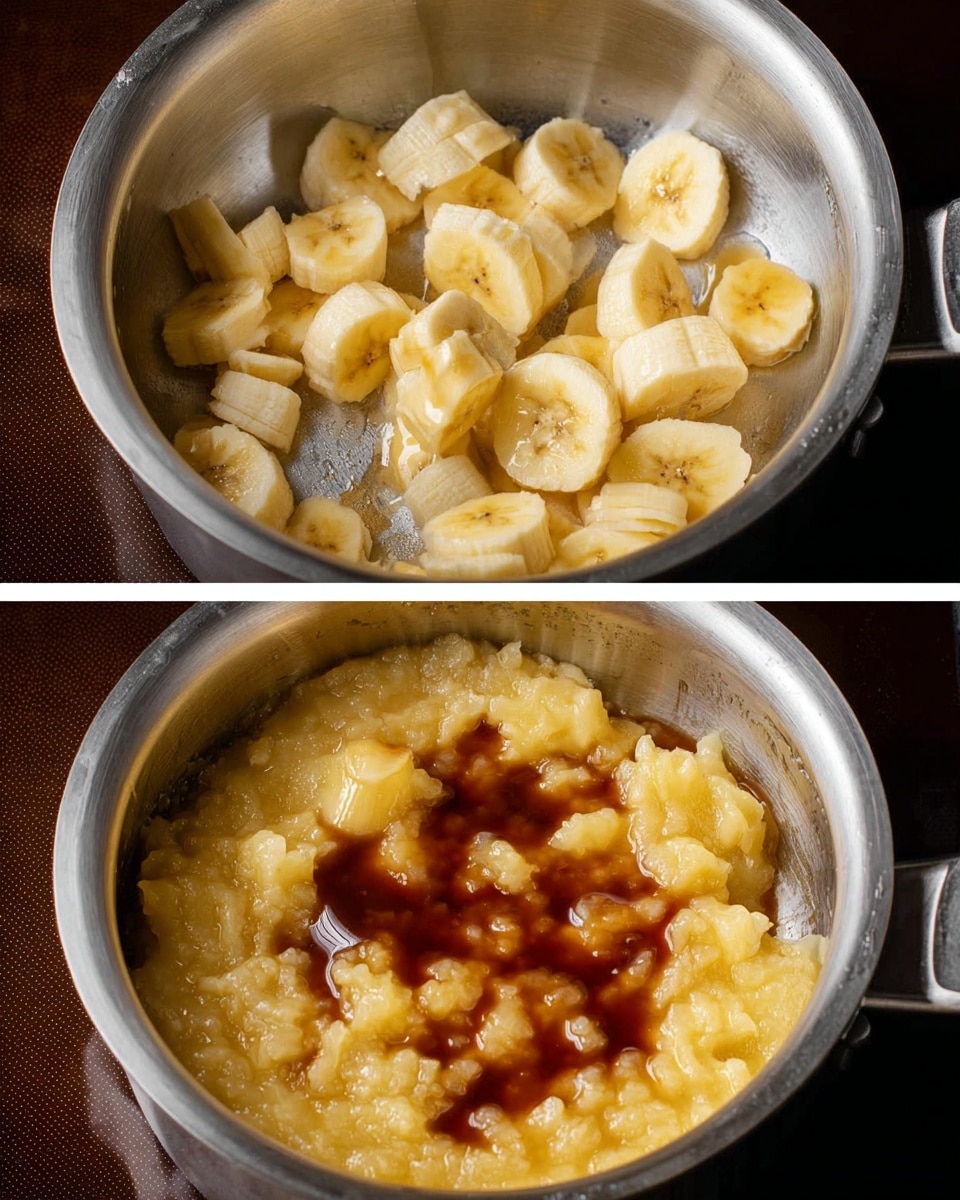 A white bowl filled with creamy oatmeal that has a soft, slightly lumpy texture, topped with a layer of caramelized banana slices arranged in a neat line across the middle. The bananas are golden brown and glistening with a shiny, rich brown syrup that pools slightly around them, creating a contrast with the pale oatmeal. A silver spoon is partially submerged in the oatmeal on the right side of the bowl, and a blurred yellow banana is visible in the background against a white marbled surface. Photo taken with an iphone --ar 4:5 --v 7