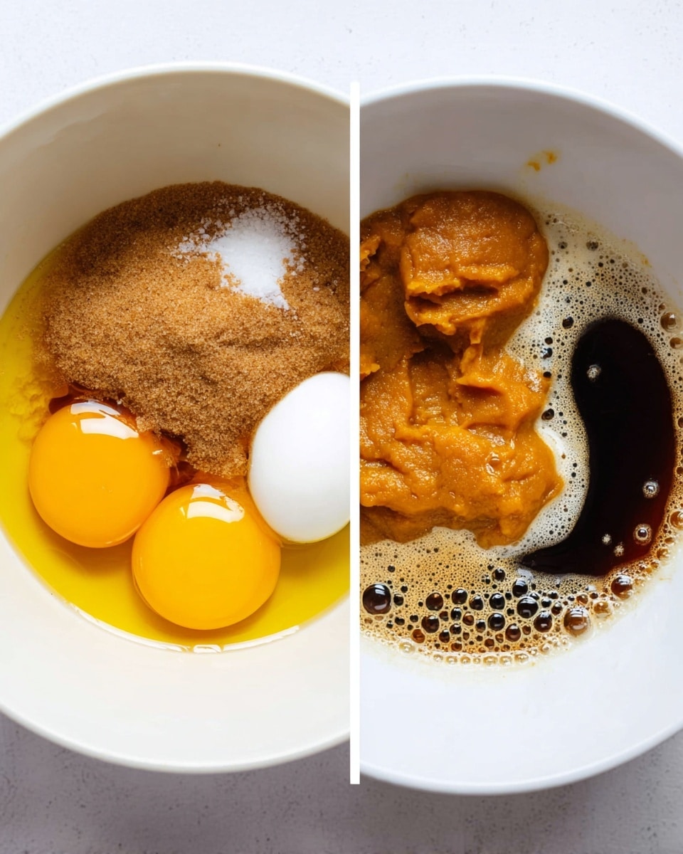 Two white bowls sit side by side on a white marbled surface. The left bowl holds two bright yellow egg yolks sitting in clear egg whites, a heap of light brown sugar with a slightly crumbly texture, a small pile of white salt, and dark brown liquid vanilla extract pooling around the ingredients. The right bowl contains thick golden orange mash, glossy dark brown liquid, a dollop of smooth white cream, and frothy tan bubbles forming a ring around the top edge. The bowls show a mix of wet and dry textures with colors ranging from yellow, brown, white, and orange. photo taken with an iphone --ar 4:5 --v 7
