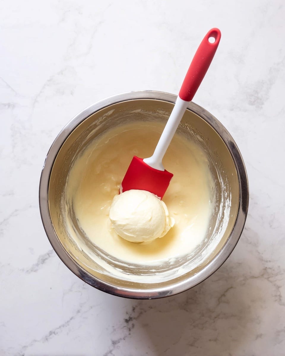 A top view of a silver mixing bowl filled with smooth, light yellow batter mixed with a large white cream ball sitting on top. A white spatula with a bright red silicone head rests inside the bowl, partially submerged in the batter. The bowl is placed on a white marbled surface, creating a clean and bright kitchen scene. Photo taken with an iphone --ar 4:5 --v 7