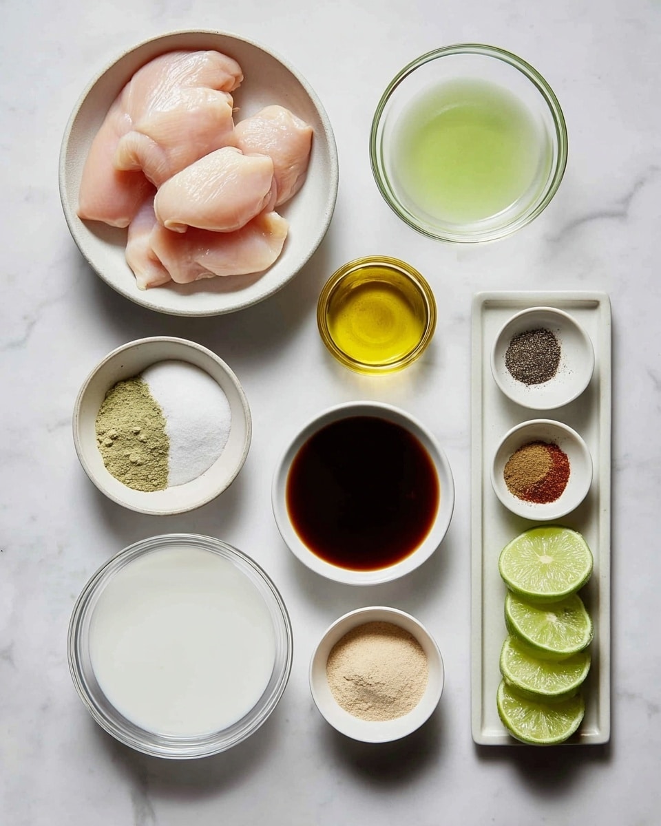 The image shows a white bowl filled with three golden-brown grilled pieces of meat placed on a bed of finely shredded white coconut. The bowl contains a creamy yellow sauce with small bubbles, partially soaking the coconut and meat. Fresh green cilantro leaves are scattered on top of the meat and coconut, adding vibrant color. Three lime wedges are arranged around the bowl, two standing on their sides and one resting on top of a piece of meat, showing fresh juicy segments. The bowl is set on a white marbled surface, giving a clean, fresh look. Photo taken with an iphone --ar 4:5 --v 7