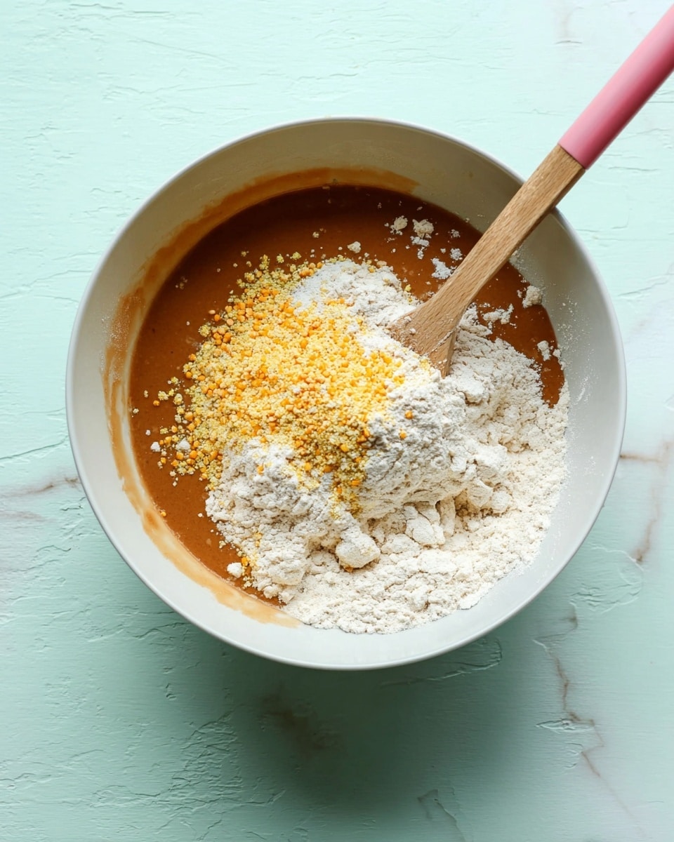 A large white mixing bowl holds a mix of dry and wet ingredients before stirring. The bottom layer is a smooth brown liquid, topped by a thick layer of white flour. On top of the flour, there is a small pile of yellow cornmeal and some scattered small bright orange pieces, likely zest. A wooden spoon with a pink handle rests inside the bowl, leaning on the edge. The bowl sits on a white marbled surface, adding a clean and bright background. Photo taken with an iphone --ar 4:5 --v 7