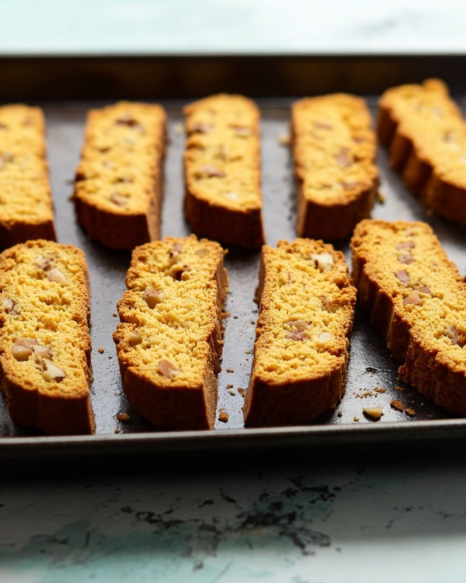 The image shows eight golden-brown biscotti pieces with almond slices, each dipped halfway in thick, shiny dark chocolate. The biscotti are arranged on a sheet of brown parchment paper placed on a white marbled textured surface. To the lower left, a spoon with its tip covered in the same dark chocolate lies on the parchment. There are also two halves of a fresh orange placed around the biscotti, adding a bright orange color to the scene. A dark baking tray with crumbs is partially visible in the top right corner. The photo taken with an iphone --ar 4:5 --v 7