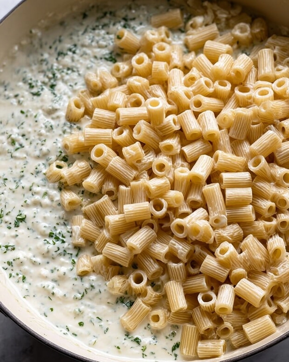 A white bowl with a blue rim filled with creamy pasta that has small round pasta pieces mixed with green broccoli bits, all coated in a thick, white sauce with visible black pepper specks. A gold spoon holds a scoop of the pasta, showing the creamy texture and pasta detail close up. The bowl sits on a white marbled surface, and in the background, there is a blurry white bowl with more of the same pasta. The photo taken with an iphone --ar 4:5 --v 7