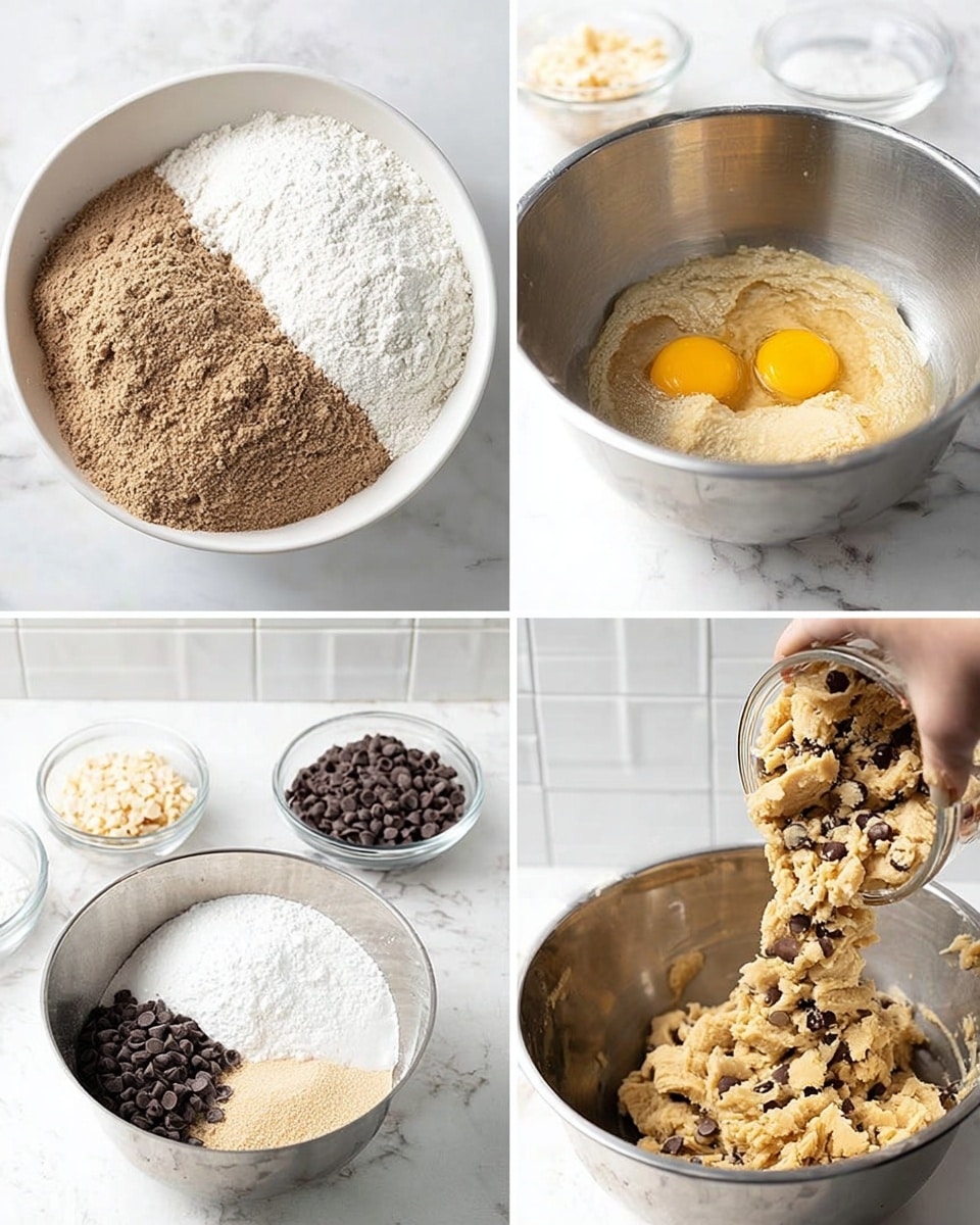 A collage of four images showing the process of making cookie dough. Top left image shows a white bowl with four sections of dry ingredients: a large mound of brown flour in the center left, white flour around it, and smaller sections of white powder and sugar, all set on a white marbled surface. Top right image shows a steel mixing bowl with beige dough and two egg yolks cracked in the center. Bottom left image shows the same steel mixing bowl with dough partially mixed, and white flour being added, with small bowls of chocolate chips in the background on the white marbled surface. Bottom right image shows a close-up of the steel bowl filled with beige dough, light brown chips, dark brown chocolate chips, and caramel chips, and a woman's hand pouring caramel chips into the bowl. The background is a white tiled wall and white marbled countertop. photo taken with an iphone --ar 4:5 --v 7
