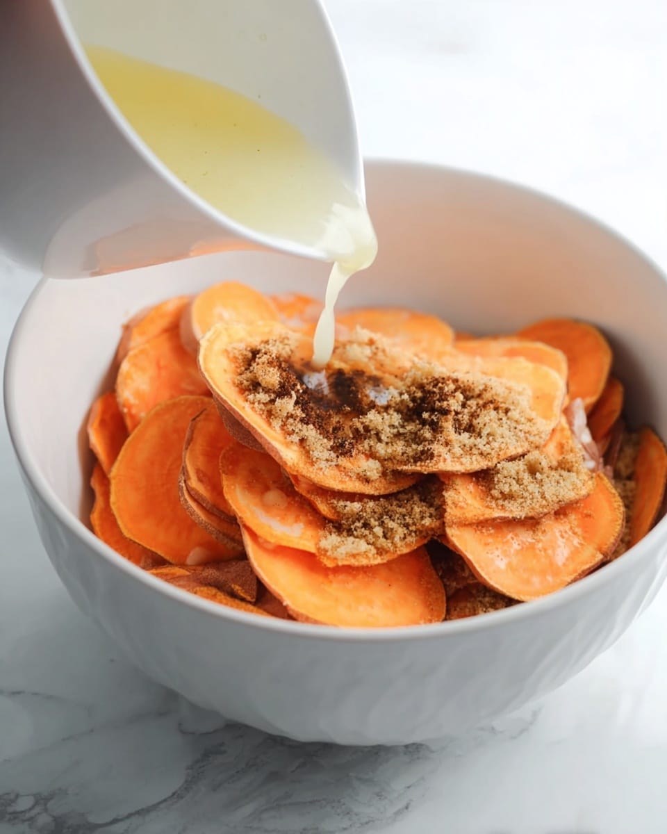 A white bowl filled with thin orange slices of sweet potato layered evenly. On top of the sweet potato slices, there is a sprinkle of brown sugar and dark spices scattered around. A woman's hand is pouring a pale yellow liquid over the top from a white bowl, adding moisture to the mixture. The bowl sits on a white marbled surface, enhancing the colors of the ingredients inside. photo taken with an iphone --ar 4:5 --v 7