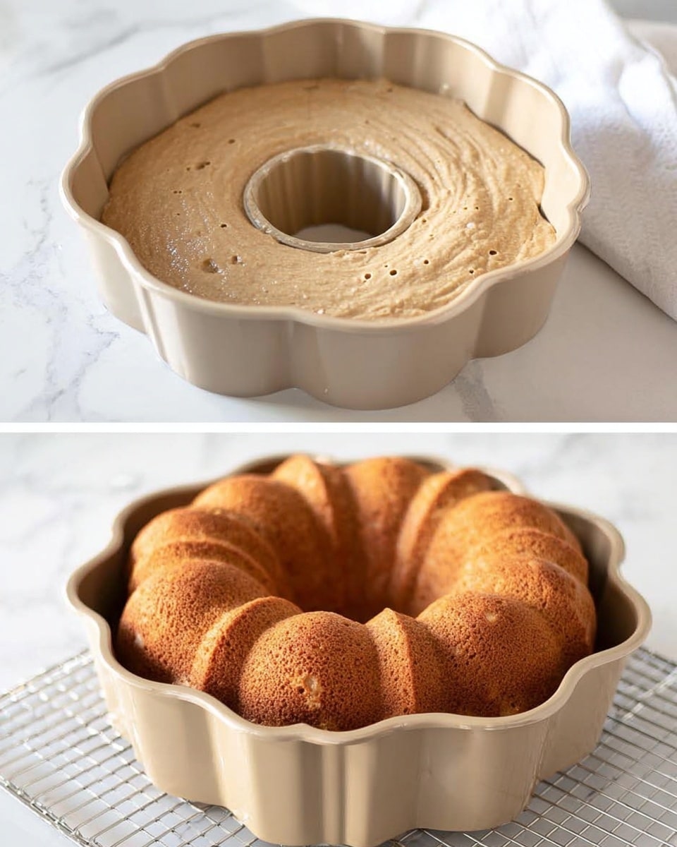 The first image shows a light brown batter spread in a beige Bundt pan with a fluted pattern and a hollow center, the batter having a smooth texture with small air bubbles on the surface. The second image shows the same Bundt pan on a cooling rack with the cake fully baked, featuring a golden brown top with a slightly cracked surface and a firm texture, the cake rising well and holding the shape of the fluted pan. Both images have a white marbled surface in the background, with soft natural lighting and a white cloth visible in the first image. Photo taken with an iphone --ar 4:5 --v 7