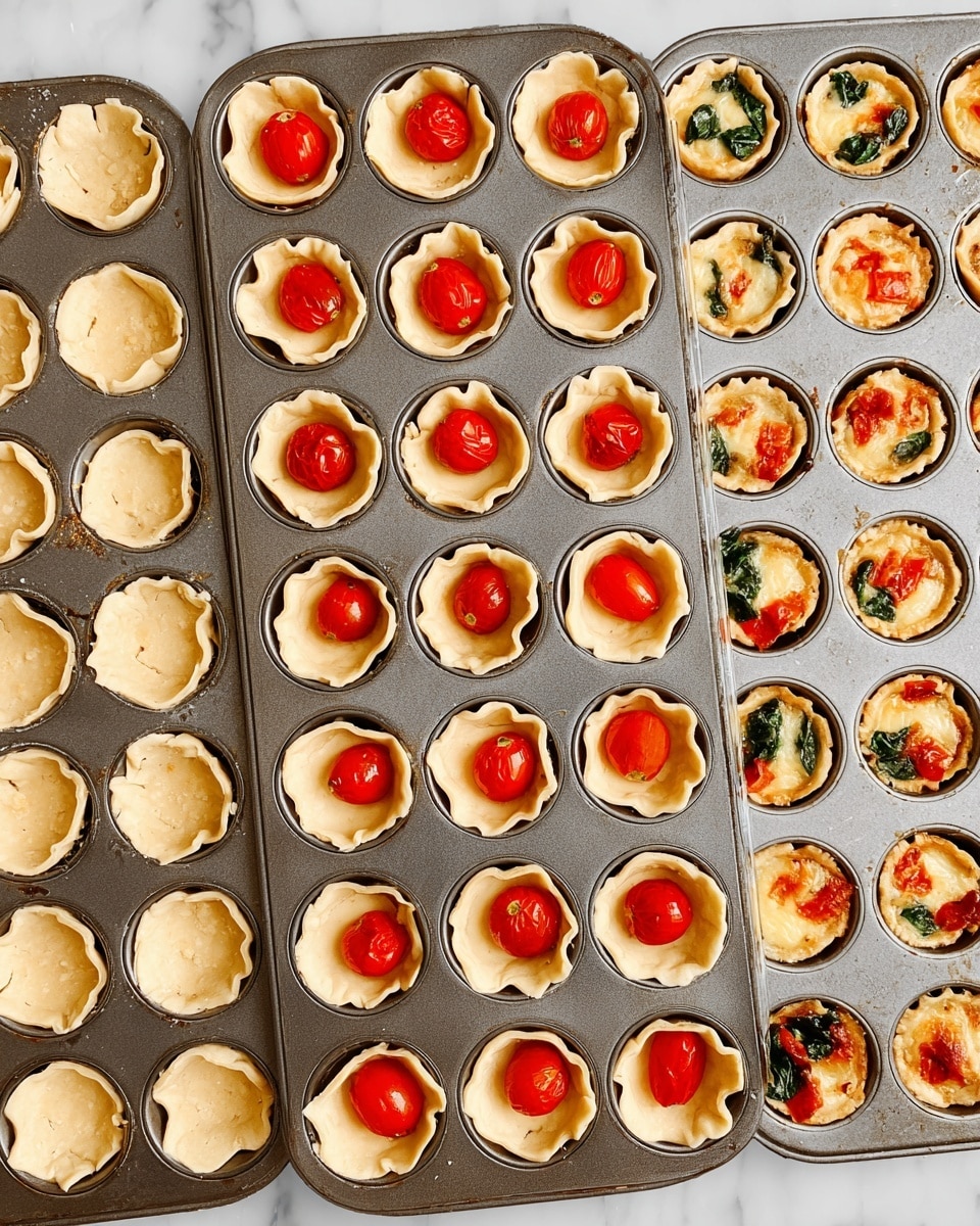 The image shows multiple small puff pastry cups arranged closely together on a white plate, each cup having three visible layers: a crispy golden-brown outer crust, a creamy white cheese layer inside, and bright red roasted cherry tomatoes on top. The tomato layer is garnished with fresh green basil slices and drizzled with a dark glossy balsamic glaze, adding contrast and shine. The white marbled surface beneath the plate complements the dish, highlighting the warm colors and textures perfectly. Photo taken with an iphone --ar 4:5 --v 7