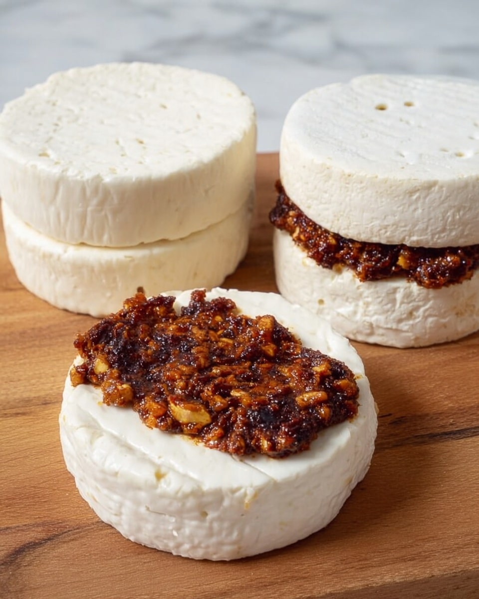 A white shallow bowl with a thin black rim holds a dish with three main layers. The bottom layer is a dark brown base, possibly cooked meat or beans, slightly visible at the edges. Above it is a thick, round, white cheese or cream layer that is smooth and dense. On top, there is a colorful mix of cooked onions and thinly sliced peppers, including green and red, all coated lightly with orange oil or sauce that pools around the layers, giving a shiny and rich look. The background is a white marbled texture, and soft, neutral-colored fabrics are partially visible near the top of the frame, adding a cozy feel. photo taken with an iphone --ar 4:5 --v 7