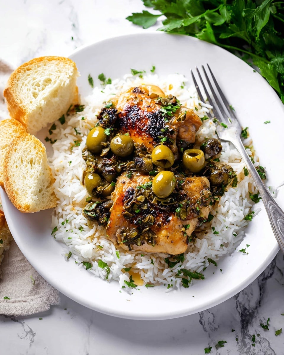 A white oval plate filled with golden brown cooked chicken thighs as the main layer, each piece coated with a shiny glaze and scattered with bright green chopped herbs. On top of the chicken are green olive halves, small capers, and dark sun-dried tomato pieces adding color and texture. There are also light golden garlic cloves mixed through, giving a varied, layered look. The plate sits on a white marbled textured surface with fresh green parsley leaves around. photo taken with an iphone --ar 4:5 --v 7