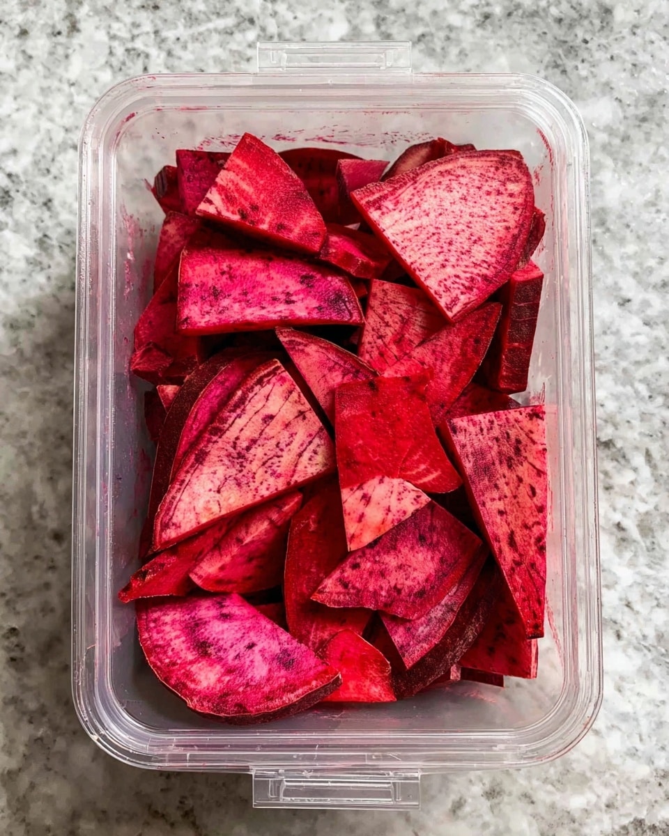 The image shows a clear plastic rectangular container filled with many uneven slices of bright red and pink root vegetable pieces, stacked on top of each other in no specific order. The pieces have a textured surface with darker red lines and spots visible throughout. The container is placed on a white marbled textured surface. photo taken with an iphone --ar 4:5 --v 7