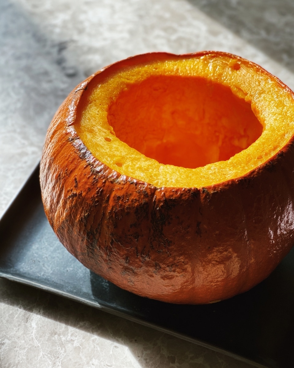 A whole roasted pumpkin with a dark brown, slightly wrinkled outer skin and a bright, smooth orange interior. The pumpkin is hollowed out with the top edge curving inward, showing a thick orange layer inside. It sits on a dark tray placed on a white marbled surface, with natural light highlighting the glossy texture of the pumpkin’s skin. photo taken with an iphone --ar 4:5 --v 7