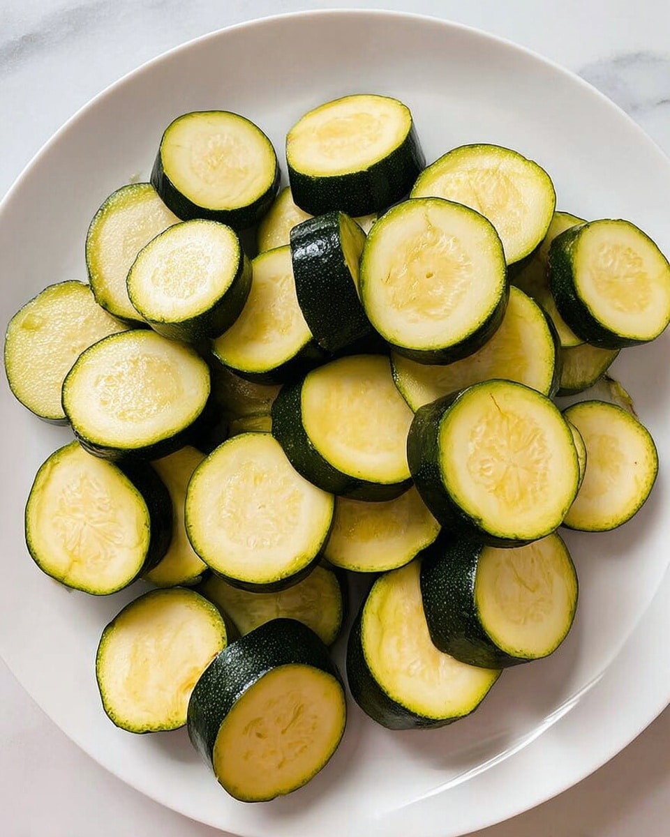 A white plate on a white marbled surface holds many round slices of zucchini. Each slice shows a dark green outer skin and a pale yellowish-green inside with soft, moist texture. The zucchini slices are evenly cut, piled casually covering most of the plate. Photo taken with an iphone --ar 4:5 --v 7