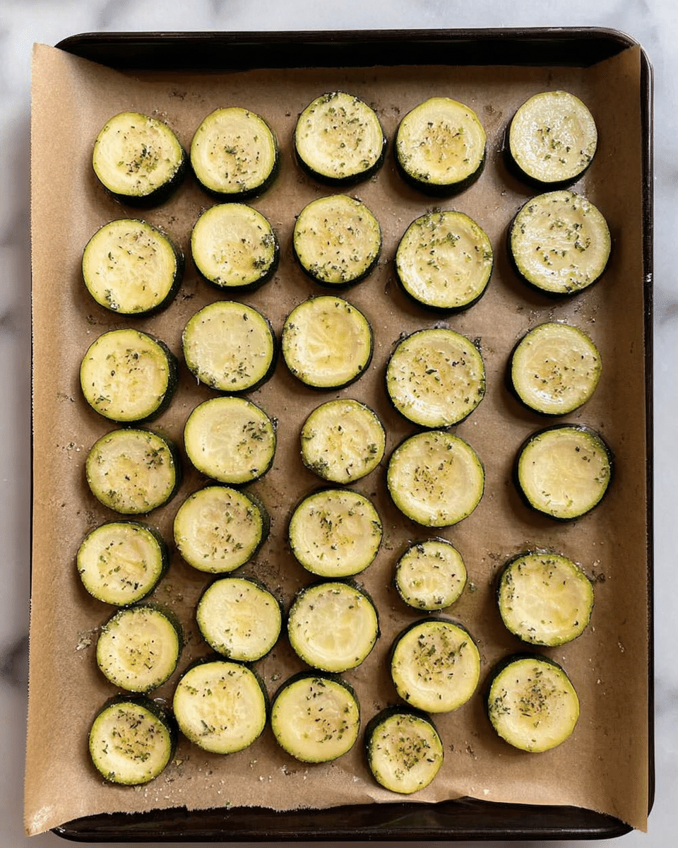 A baking tray with 26 round slices of zucchini spread out in a single layer on brown parchment paper. Each zucchini slice shows a light greenish-yellow inside with a dark green skin edge. The slices are sprinkled with small fine herbs or seasoning, giving a slight speckled texture on top. The baking tray is placed on a white marbled surface photo taken with an iphone --ar 4:5 --v 7