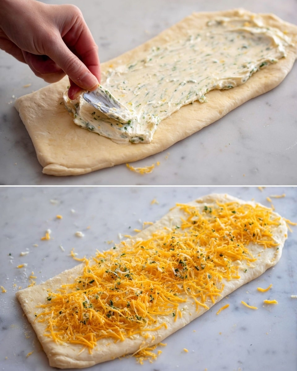 The first layer shows a smooth, light-colored dough rolled flat on a white marbled surface, with a creamy herb mixture being spread on one side using a small spatula held by a woman’s hand; the herb mixture is white with small green flecks. The second layer shows the same dough now fully covered with the creamy herb layer, and a woman's hand sprinkling bright orange shredded cheese evenly over the top, creating a colorful contrast between the white creamy layer and the vibrant cheese. The whole setup is simple and clean, highlighting the dough and toppings clearly. photo taken with an iphone --ar 4:5 --v 7