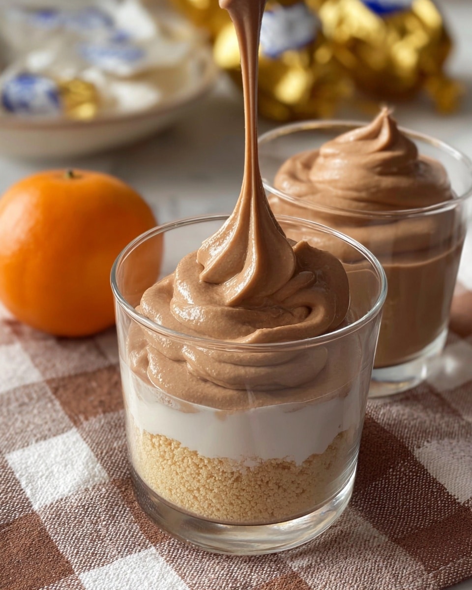The image shows several small clear glass cups filled with a two-layer dessert. The bottom layer is light beige and crumbly, looking like a soft biscuit or cake base. The top layer is a smooth, creamy light brown chocolate mousse that fills most of the glass. Each mousse layer is decorated with a small half-circle piece of dark chocolate and then sprinkled with tiny chocolate shavings all over the surface. The cups are placed on a checkered cloth on a white marbled surface, with some greenery and a small orange decorative item slightly out of focus in the background. photo taken with an iphone --ar 4:5 --v 7