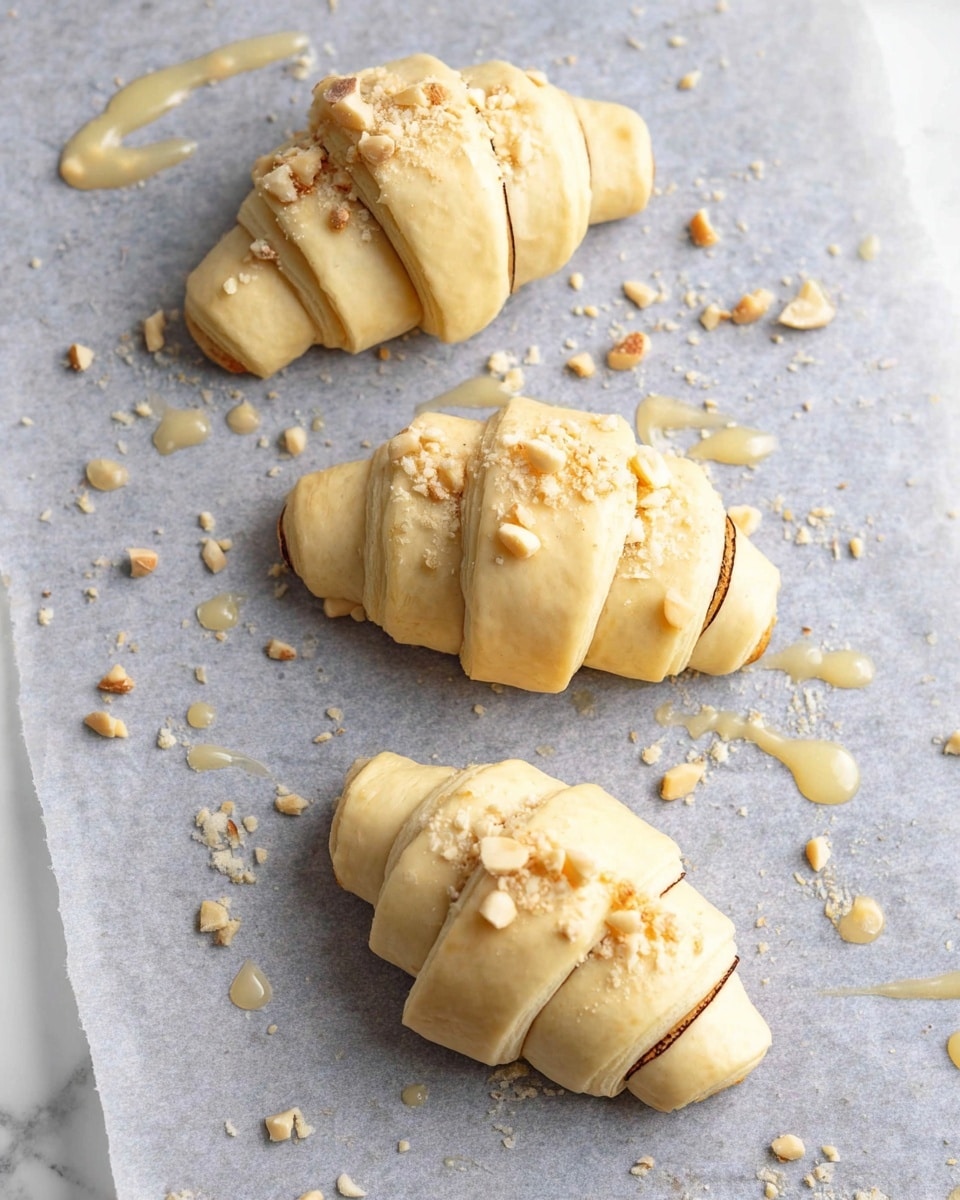 Three uncooked croissants lie on a sheet of grey parchment paper placed on a white marbled surface. Each croissant is made of light yellow dough rolled into crescent shapes, with visible thin layers spiraling around from inside out. A thin dark brown chocolate strip runs inside each rolled dough, slightly visible along the edges. Roughly chopped light beige nuts are sprinkled unevenly on top of the dough and scattered around the croissants on the parchment. Some glossy spots of glaze or egg wash are dripped near the croissants, adding a shiny texture to the scene. photo taken with an iphone --ar 4:5 --v 7
