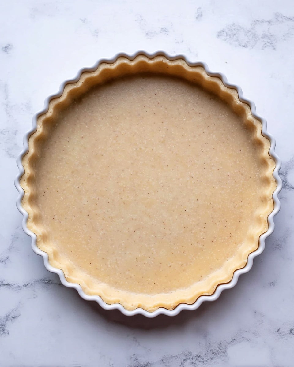 A round pie crust with wavy edges is placed in a white fluted tart pan. The crust dough is smooth and evenly spread inside the pan, showing a consistent light beige color with faint specks throughout. The edges are pressed neatly against the pan, holding the shape well. The pan sits on a white marbled surface that contrasts softly with the crust's warm tones. photo taken with an iphone --ar 4:5 --v 7