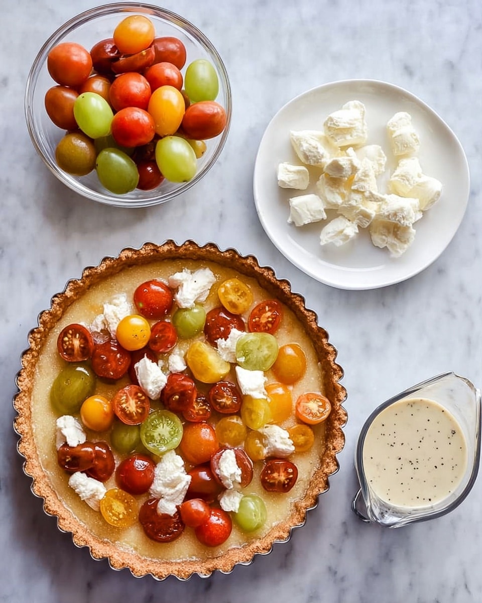 The image shows a fluted tart shell filled with a layer of light brown baked crust, topped with scattered pieces of red and yellow grape tomato halves and small chunks of white mozzarella cheese spread unevenly across the surface. Above the tart are two white plates: one with a mix of whole grape tomatoes in red, yellow, green, and orange colors, and the other holding torn pieces of mozzarella cheese. Below the tart is a clear measuring cup with creamy white liquid dressing that has visible black pepper specks. All items are placed on a white marbled surface. photo taken with an iphone --ar 4:5 --v 7