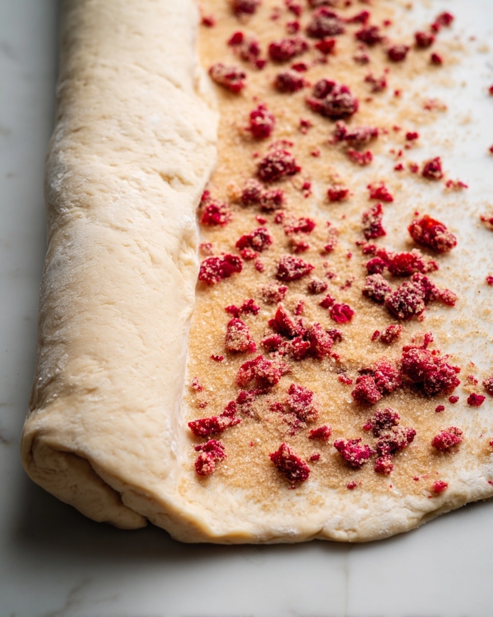 A close-up view of dough being rolled from the left side on a white marbled surface. The dough is flat and light beige in color, with a rough texture. It is topped with small pieces of red raspberries spread unevenly across the surface and patches of light brown sugar sprinkled around them. The dough is about halfway rolled, creating a thick, smooth, rounded edge on the left side that contrasts with the flat right side showing the toppings. Photo taken with an iphone --ar 4:5 --v 7