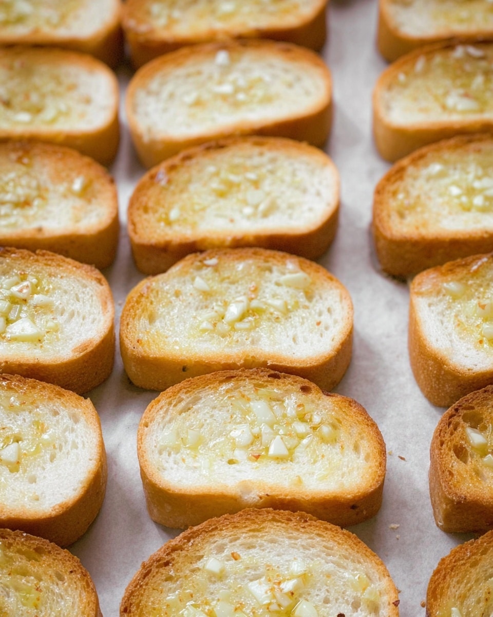 The image shows many slices of toasted bread arranged in rows on a surface. Each slice has a light golden brown crust with a soft white inside. On top of each slice, there is a thin spread of melted butter mixed with tiny pieces of garlic, giving a slightly glossy and textured look. The surface underneath has a subtle white marbled texture, creating a clean and simple background. Photo taken with an iphone --ar 4:5 --v 7