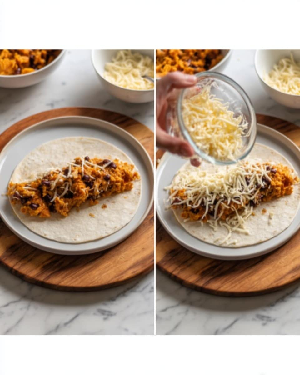 Two images show the making of a wrap on a round white plate placed on a wooden board. In both images, there is a white tortilla flat on the plate. The first image shows a layer of orange mixed filling with visible black beans and some shredded white cheese placed on the bottom half of the tortilla. In the background, there is a white bowl with more of the orange filling and a spoon. The second image shows a woman's hand holding a small clear bowl, pouring more shredded cheese over the orange filling on the tortilla. The same setting with the wooden board and white bowl with a spoon is in the background. The surface beneath the wooden board is white marbled. Photo taken with an iphone --ar 4:5 --v 7
