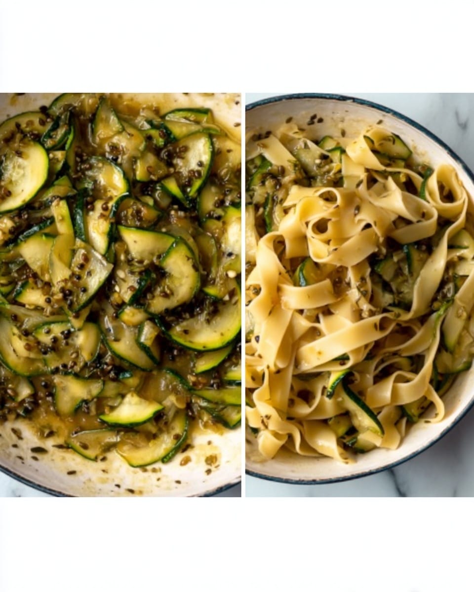 A white bowl filled with layers of light yellow fettuccine pasta mixed with thin slices of green zucchini that have dark green edges. On top, a layer of golden brown toasted crumbs is spread in the center, surrounded by scattered fresh green basil strips. The noodles and zucchini have a glossy texture, and the whole dish sits on a white marbled surface with a piece of lemon and some textured cloth around it. Photo taken with an iphone --ar 4:5 --v 7