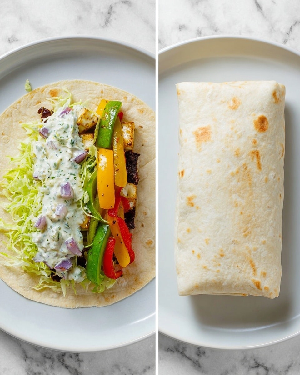 The image shows two views of a wrap with multiple layers, placed on a white plate on a white marbled surface. The first view displays the open wrap with four layers: on the flat tortilla at the bottom, there is a layer of roasted vegetables including yellow bell peppers, red bell peppers, purple onions, and green zucchini arranged on the left side, followed by a creamy white sauce with herbs in the middle, and a fresh green shredded lettuce layer on the right side. The second view shows the fully wrapped burrito, with the pale tortilla folded neatly into a rectangular shape, showing light brown spots from cooking. Photo taken with an iphone --ar 4:5 --v 7