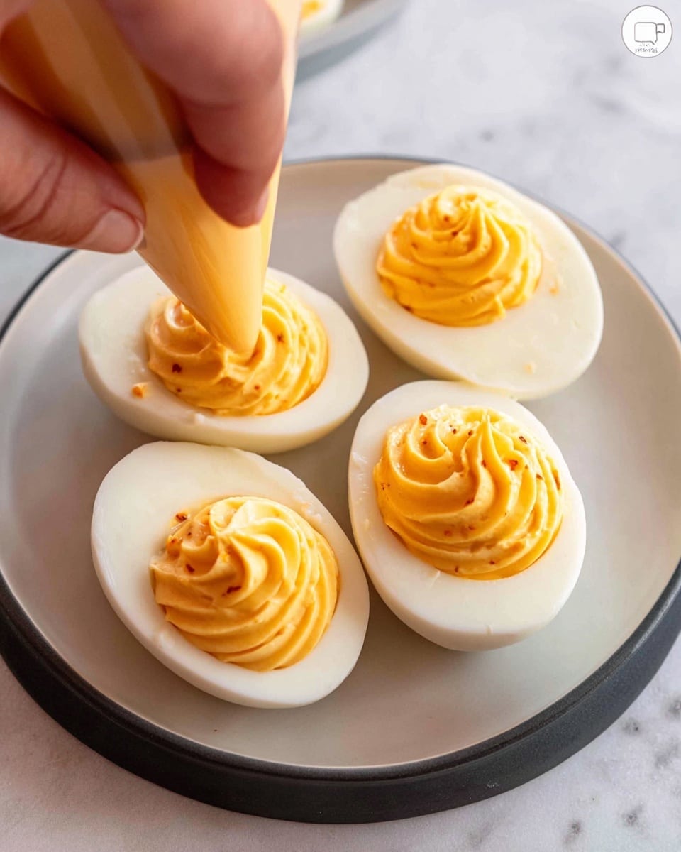 The image shows a plate of six deviled eggs arranged on a bed of fresh green spinach leaves. Each egg has a smooth white outer layer with a bright yellow filling piped in a swirled pattern, sprinkled lightly with red paprika. Small pieces of green pickles are mixed into and on top of the filling. One anchovy fillet rests diagonally on top of most of the eggs, adding a dark brown color contrast. The plate holding the eggs is white, placed on a white marbled surface. photo taken with an iphone --ar 4:5 --v 7