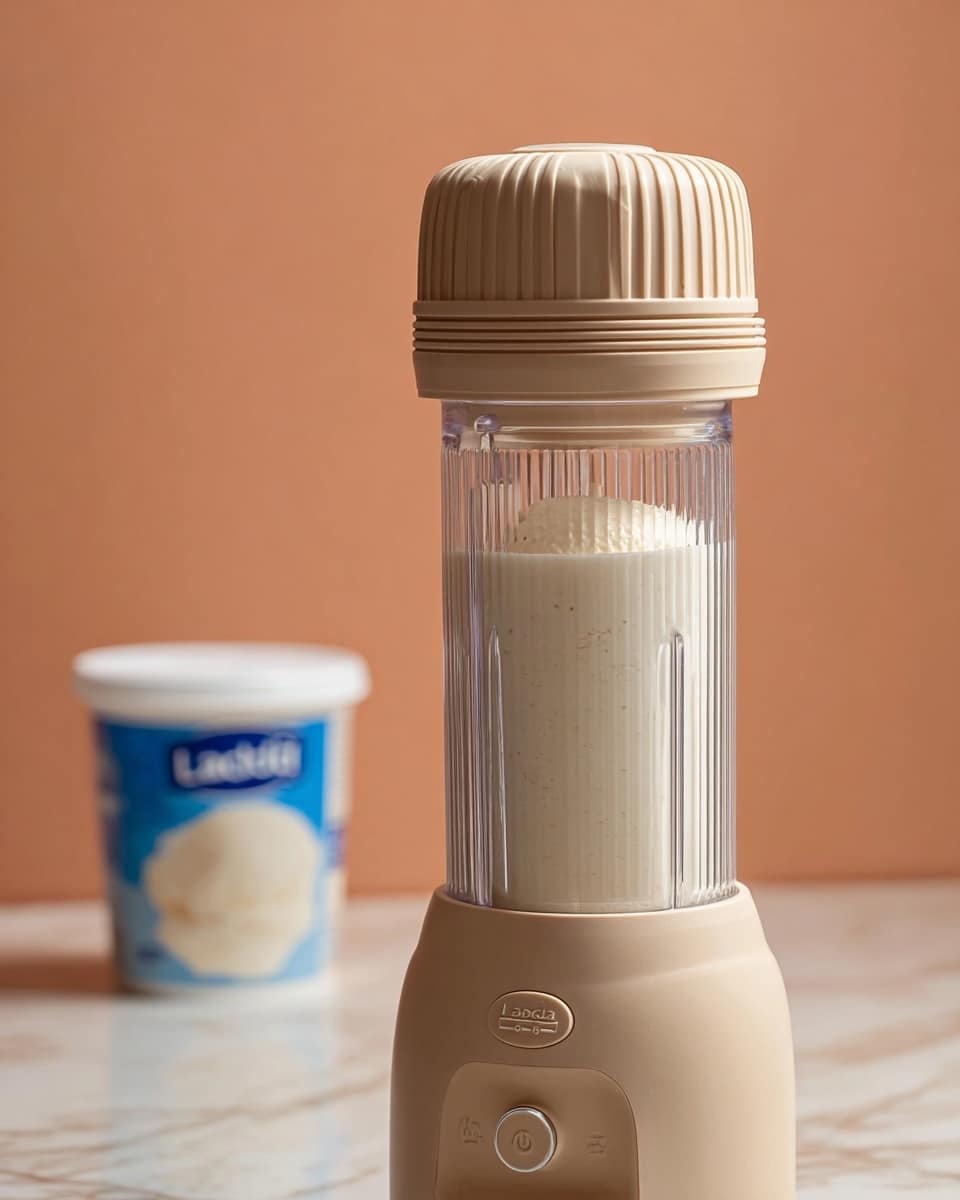 The image shows a close-up of a beige blender with a clear, ribbed container filled halfway with a creamy white and light beige mixture that has a smooth, slightly foamy texture on top. The blender has a round beige lid with vertical grooves and a beige base with a small power button on the front. In the blurred background, there is a white container of Lactaid ice cream with a blue lid, placed on a white marbled surface. The overall setting has a soft, warm peach-colored background. photo taken with an iphone --ar 4:5 --v 7