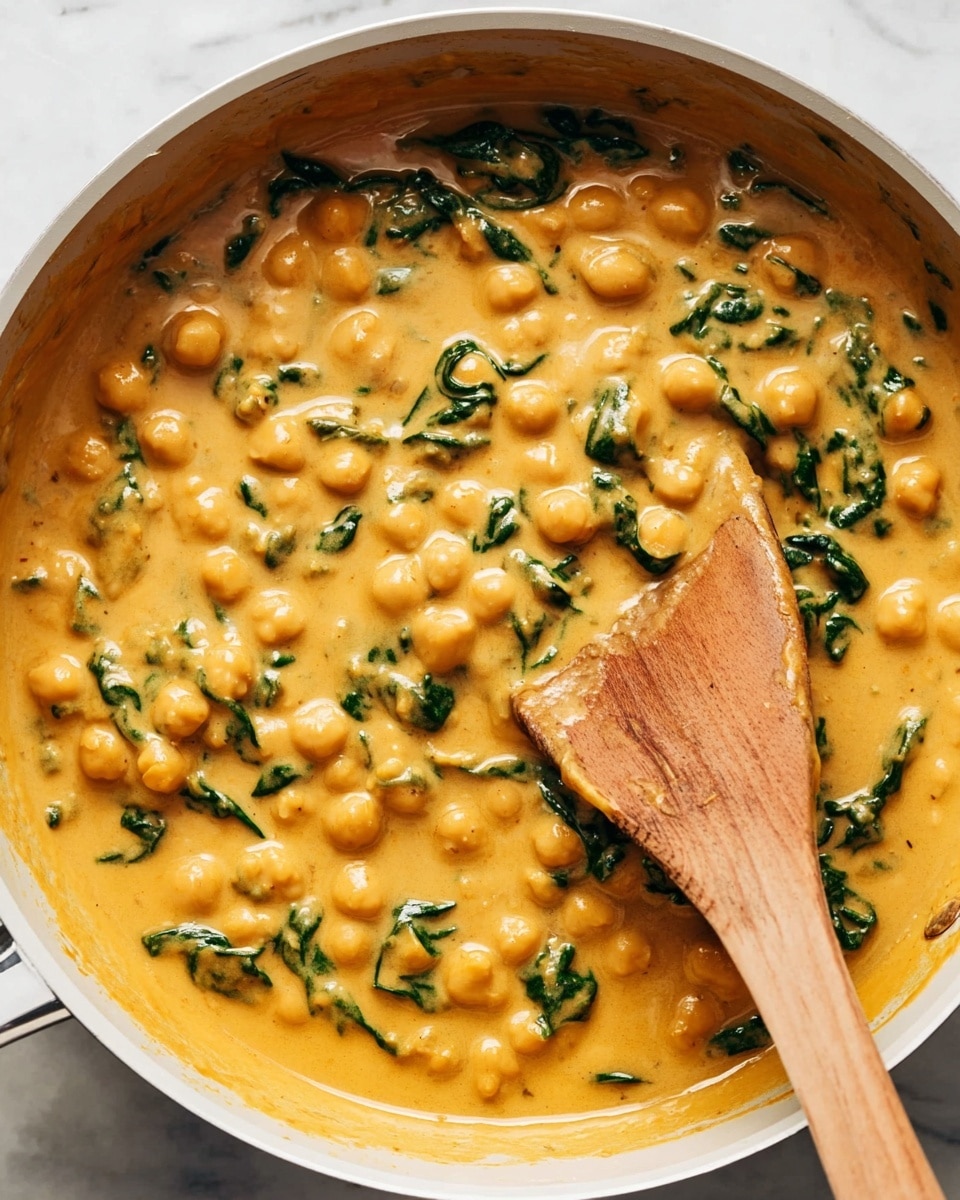A white bowl filled with two main layers: one side shows cooked white rice with a fluffy texture, and the other side holds a creamy orange chickpea curry mixed with green leafy spinach. The curry is topped with a dark red chili oil and sprinkled fresh green herbs. A gold fork dips into the curry side, resting partly on the rice. The bowl sits on a white marbled surface, with a jar of chili oil and a bowl of the same chickpea curry visible around it. Photo taken with an iphone --ar 4:5 --v 7
