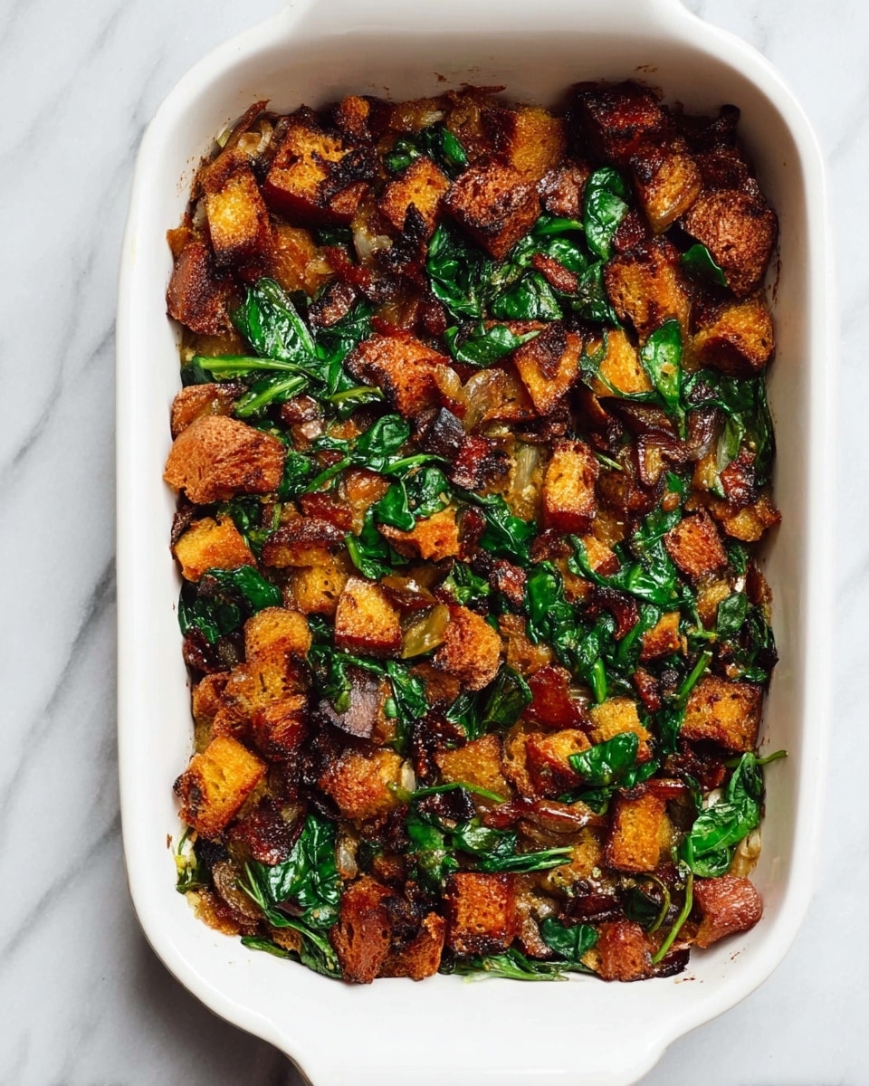 The dish is in a white rectangular baking dish placed on a white marbled surface. It shows a single layer of cooked pieces with a mix of colors and textures: dark brown, crispy-looking chunks mixed with bright green, wilted leafy vegetables spread evenly throughout. The pieces vary in size, giving the dish a rustic and hearty look, with some lighter golden brown edges adding contrast. The green leaves have a shiny, slightly wet texture, and everything is closely packed but not overlapped. Photo taken with an iphone --ar 4:5 --v 7
