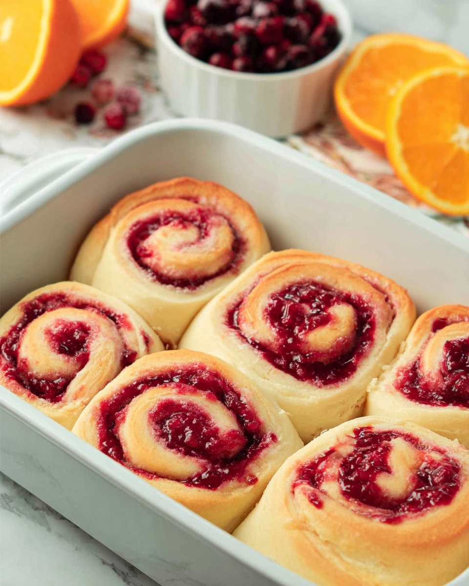 The image shows a white baking dish filled with six soft rolls arranged closely in two rows, each roll having a light golden brown outside and a thick swirl of bright red, slightly chunky fruit filling inside. The rolls have a smooth, slightly fluffy texture with some parts showing a pale cream color where the dough is lighter. In the background, there is a small white bowl filled with dark red berries, and some halved oranges with bright orange skin and juicy flesh, all placed on a white marbled surface. photo taken with an iphone --ar 4:5 --v 7