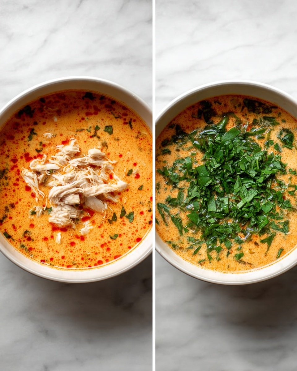 A white bowl filled with creamy orange soup with thin white noodles and shredded light brown chicken pieces mixed inside. On top, bright green cilantro leaves and sliced green onions are scattered. One wedge of light green lime rests on the left side of the bowl. The soup looks rich and smooth with a few small pieces of yellow pepper visible. The background is a white marbled texture. Photo taken with an iphone --ar 4:5 --v 7