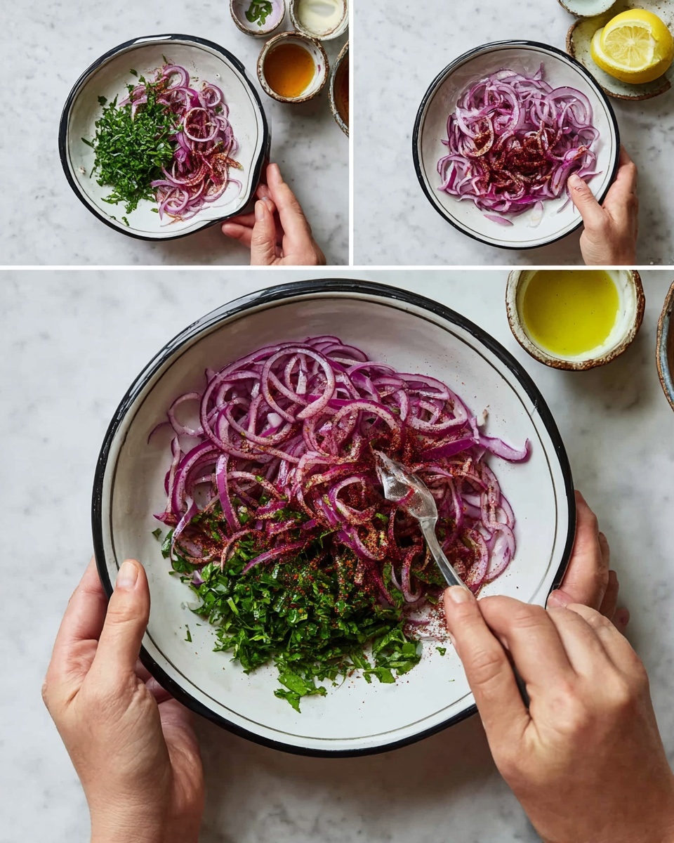 A white bowl with a black rim holds a mix of thinly sliced red onions and fresh chopped green herbs. The onion slices are a mix of light purple and pink shades, while the herbs add a bright green contrast, scattered evenly on top and throughout. A silver spoon with an engraved handle rests inside the bowl, partially covered by the onions and herbs. The bowl sits on a crumpled piece of brown paper on a white marbled surface with green herb leaves visible to the side. Photo taken with an iphone --ar 4:5 --v 7