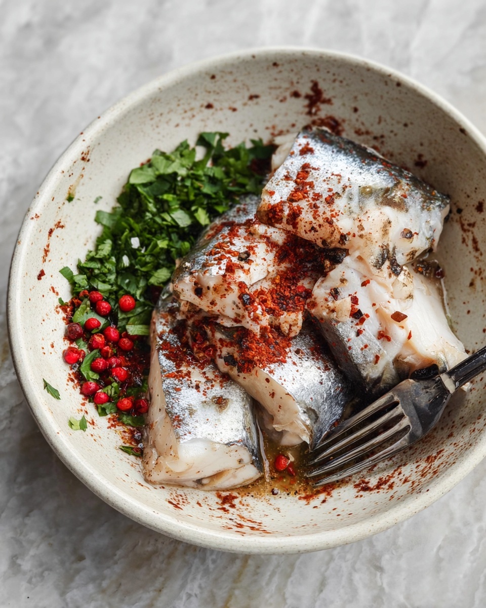 A round white plate with a blue patterned rim holds eleven slices of toasted bread. Each toast slice is topped with a layer of light brown spread mixed with herbs, a small green pickle placed diagonally, and garnished with a bright green parsley leaf and scattered red peppercorns. The plate sits on a light brown wooden surface with visible wood grain. At the bottom left corner, a silver spoon rests with some of the same spread on it. Photo taken with an iphone --ar 4:5 --v 7