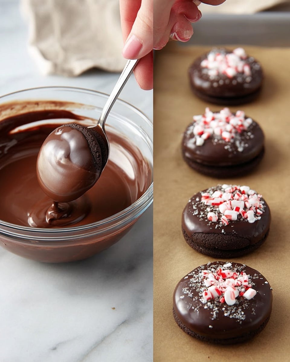 The image shows several round chocolate treats placed on a metal cooling rack, which sits over a white marbled surface. Each treat has three visible layers: a dark brown cookie base at the bottom, a thick white marshmallow layer in the middle, and a smooth dark chocolate coating on top that covers the sides. The chocolate coating has small pieces of red and white peppermint candy sprinkled on it. One treat is cut open and displayed upright, showing the clear separation of the white marshmallow layer between the dark cookie base and chocolate coating. In the corner, a small white bowl holds crushed peppermint candy pieces. Photo taken with an iphone --ar 4:5 --v 7