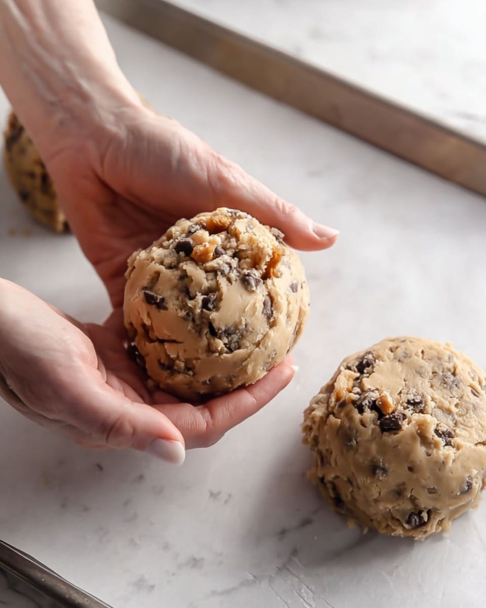 Five large cookies with visible chocolate chips, peanut pieces, and chunks of Butterfinger candy bars sit on a metal cooling rack. The cookies have a golden-brown color with slightly darker spots where the ingredients are mixed in, giving a rough and bumpy texture. Salt flakes are sprinkled over the top of each cookie. Below the rack, on a white marbled surface, are three small white bowls filled with chocolate chips, peanuts, and coarse salt. Part of a yellow Butterfinger candy wrapper is also visible near the bowls. The photo taken with an iphone --ar 4:5 --v 7