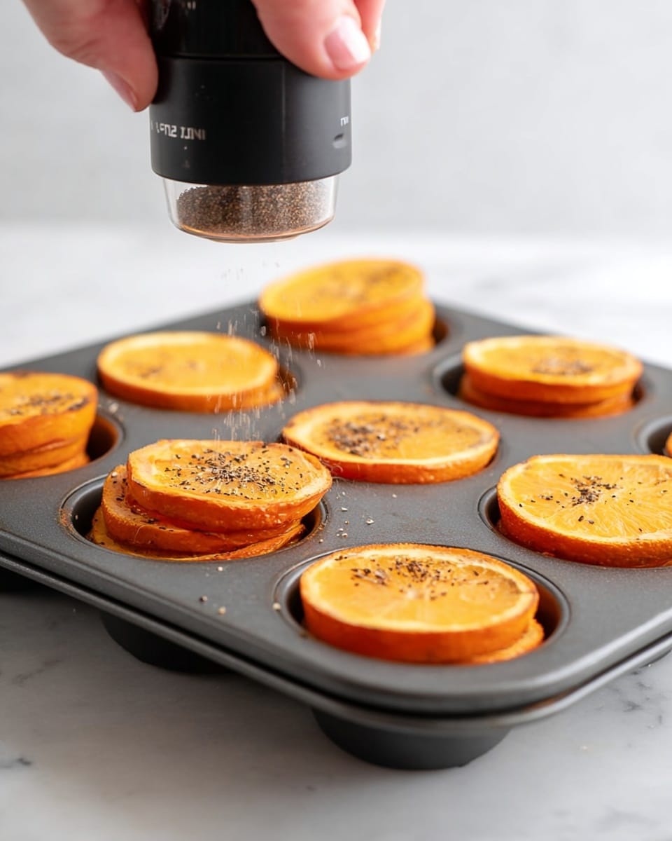 The image shows several stacks of thin, round slices of roasted orange sweet potatoes arranged like small towers, about 6 to 7 layers high. Each stack is topped with a small green rosemary sprig and sprinkled lightly with coarse white salt and black pepper. The stacks sit individually in light brown paper liners placed inside a patterned metal tray. The background surface has a coarse brown cloth and scattered rosemary sprigs, all set on a white marbled texture. The scene is bright with warm tones highlighting the crispy edges of the sweet potato slices. Photo taken with an iphone --ar 4:5 --v 7