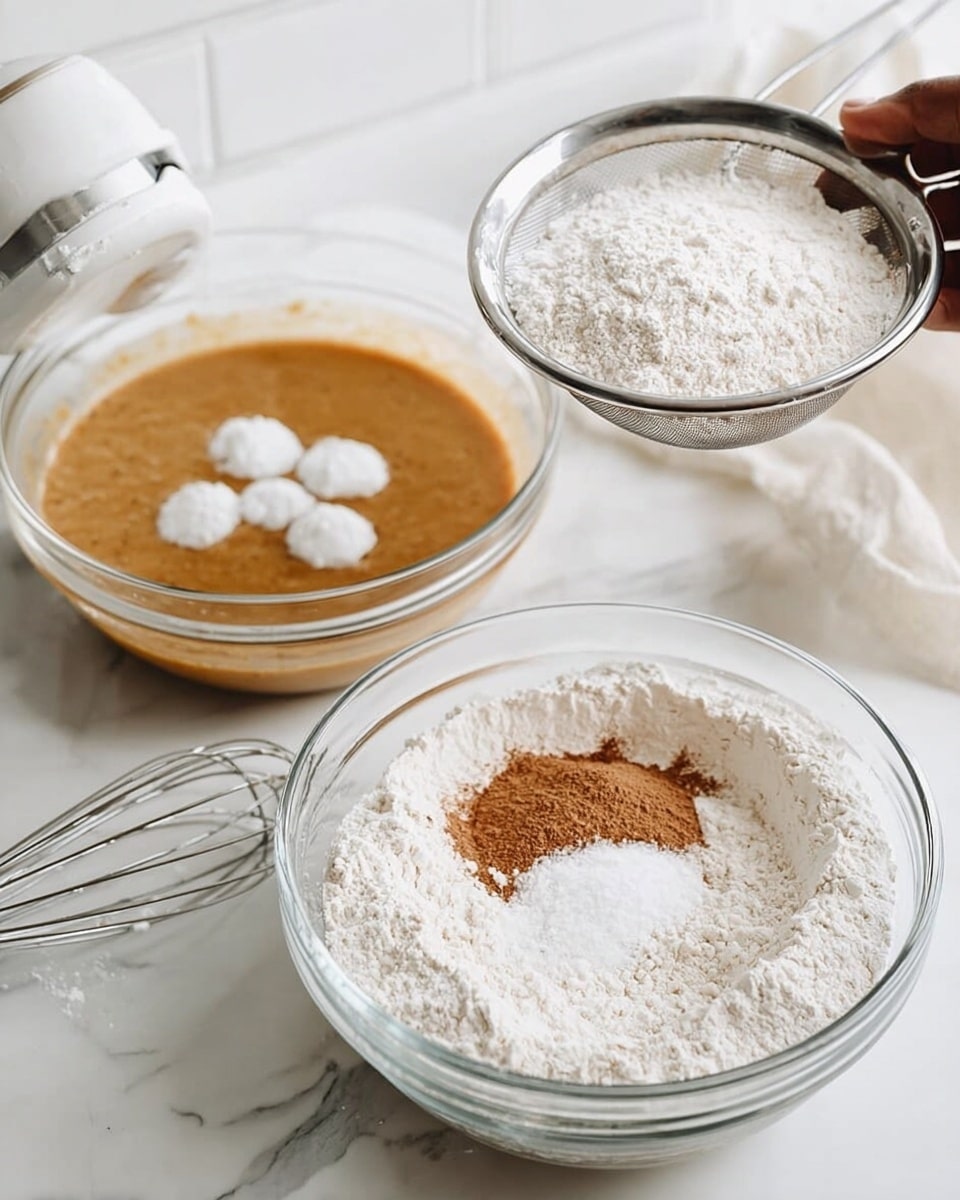 The image shows two clear glass bowls on a white marbled surface. In the first bowl, there is a large amount of white flour with a smaller section of brown cinnamon and three small piles of white baking ingredients arranged in a circular pattern on top. A silver whisk lays in front of this bowl. In the second bowl, a woman’s hand holds a metal sieve filled with white flour above a thicker brown batter mixture. In the background, there is a white hand mixer with beaters attached resting against a white tiled wall. photo taken with an iphone --ar 4:5 --v 7