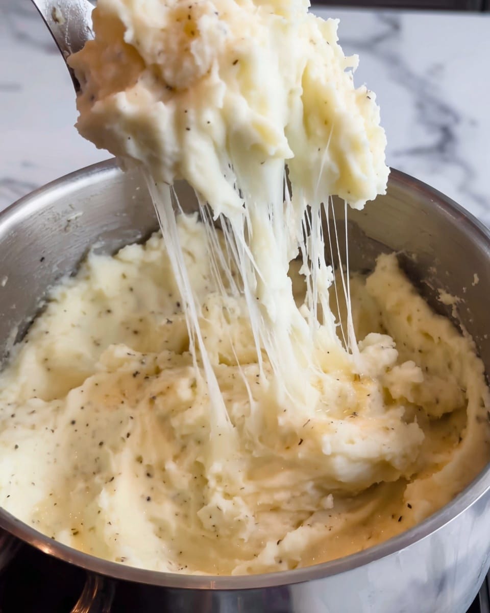In a white bowl on a white marbled surface, there is a layer of smooth, creamy mashed potatoes at the bottom. On top, several browned meat pieces with a slightly charred texture are covered by a thick, beige creamy sauce with visible herbs and red pepper flakes. To the side, bright green cooked asparagus spears are slightly overlapped by the sauce. There is also a wedge of lemon placed on the edge of the bowl, adding a fresh yellow contrast. Small pieces of chopped green herbs are sprinkled on top for garnish. photo taken with an iphone --ar 4:5 --v 7