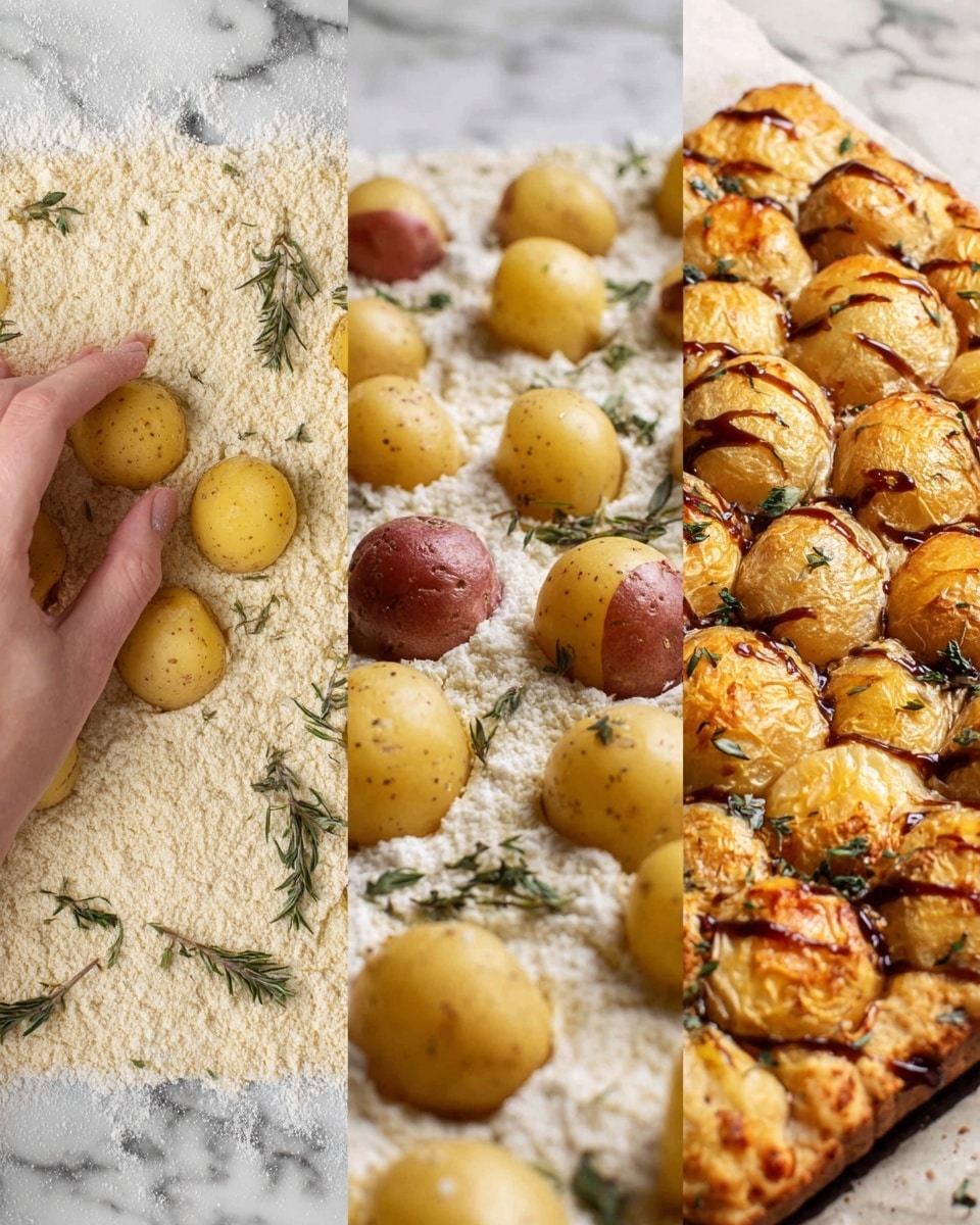 The image shows two close-up views of crispy baked potato skins held by a woman's hand over a white marbled surface. The potato skins have a golden brown, crunchy texture with visible melted cheese creating a lacy edge around each piece. One side displays two whole crispy potatoes with dark golden, wrinkled skins drizzled with a thick, dark sauce, while the other side shows the smooth, shiny underside of a single potato skin with melted cheese and herbs visible. The baking sheet beneath has more crispy potato skins scattered around. Photo taken with an iphone --ar 4:5 --v 7