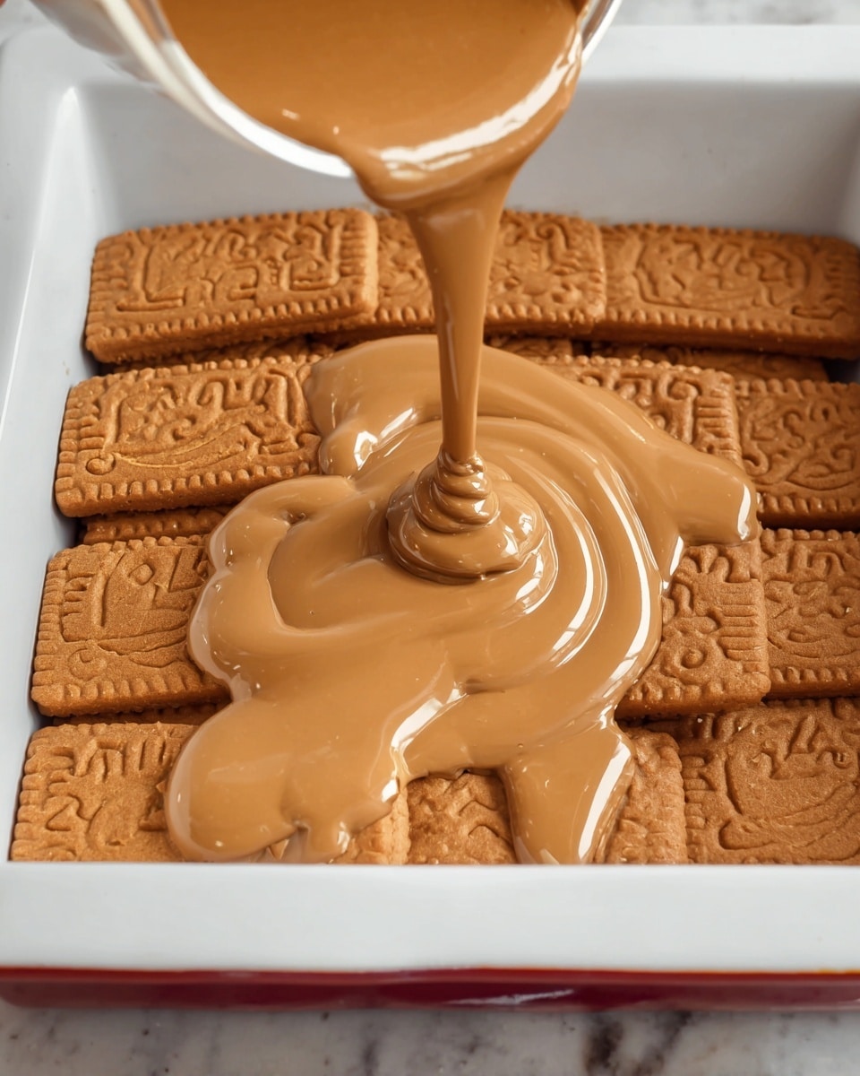 The image shows a rectangular white baking dish with a red edge filled with a layered dessert. The bottom layer is covered with a smooth, light brown caramel or butterscotch sauce. On top of this is a thick, white creamy layer that looks soft and fluffy, spread evenly across the dish. The final layer consists of a glossy milk chocolate sauce drizzled unevenly over the white cream. In one part, a woman's hand with a small metal spatula is spreading the white cream layer. The dish is placed on a white marbled surface. Photo taken with an iphone --ar 4:5 --v 7