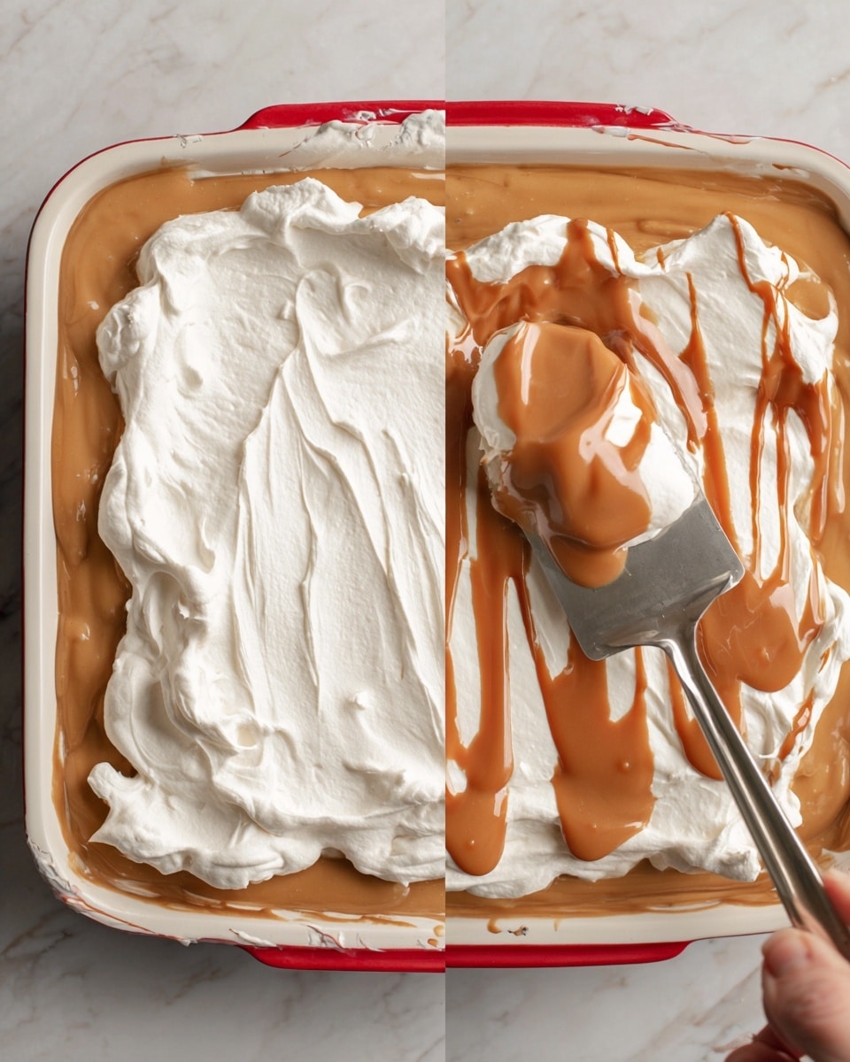 A close-up view shows a square slice of layered dessert being lifted out of a white dish, held by a metal spatula with a woman's hand gripping it. The dessert has a crumbly, golden-brown base layer, topped with a thick layer of white whipped cream that is smoothly spread. On top of the cream, there are swirls of caramel sauce creating a marbled pattern, and a rectangular brown cookie with the word