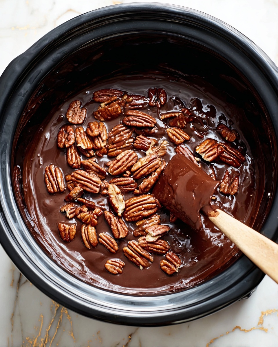 The image shows a white plate filled with multiple round, layered chocolate pecan treats. Each treat has a base layer covered in smooth, shiny dark chocolate, topped with two whole pecan halves placed side by side. Small white sea salt crystals are sprinkled on top of the pecans and chocolate, adding texture and contrast. The plate is set against a white marbled surface, creating a clean and bright background. photo taken with an iphone --ar 4:5 --v 7