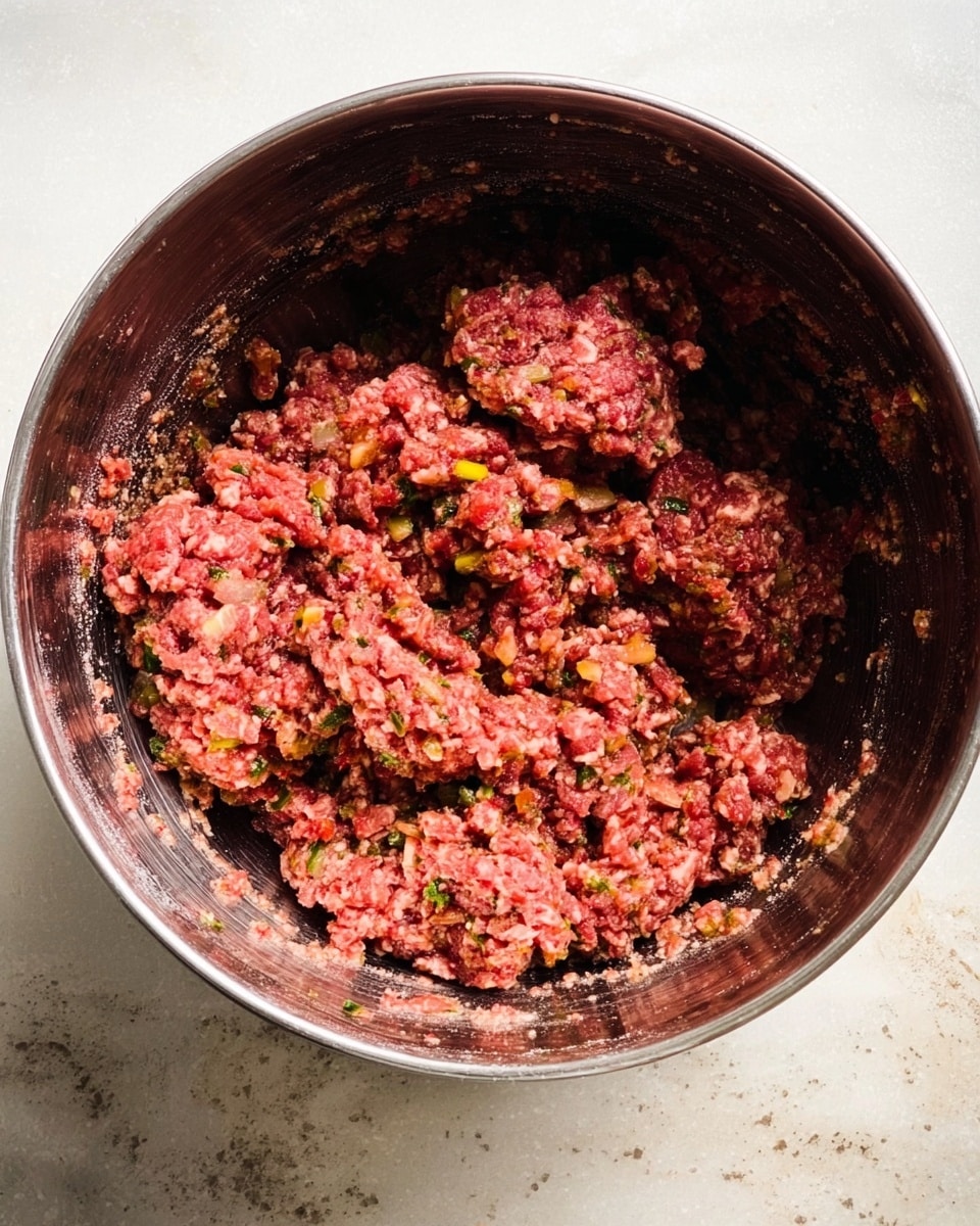A shiny steel mixing bowl filled with a pinkish-red minced meat mixture that has small bits of green herbs and light yellow pieces mixed in evenly. The texture looks soft and slightly chunky, with some parts appearing more compact while others are loose and fluffy. The bowl sits on a white marbled surface, and there are some small smudges of the mixture on the side of the bowl. photo taken with an iphone --ar 4:5 --v 7