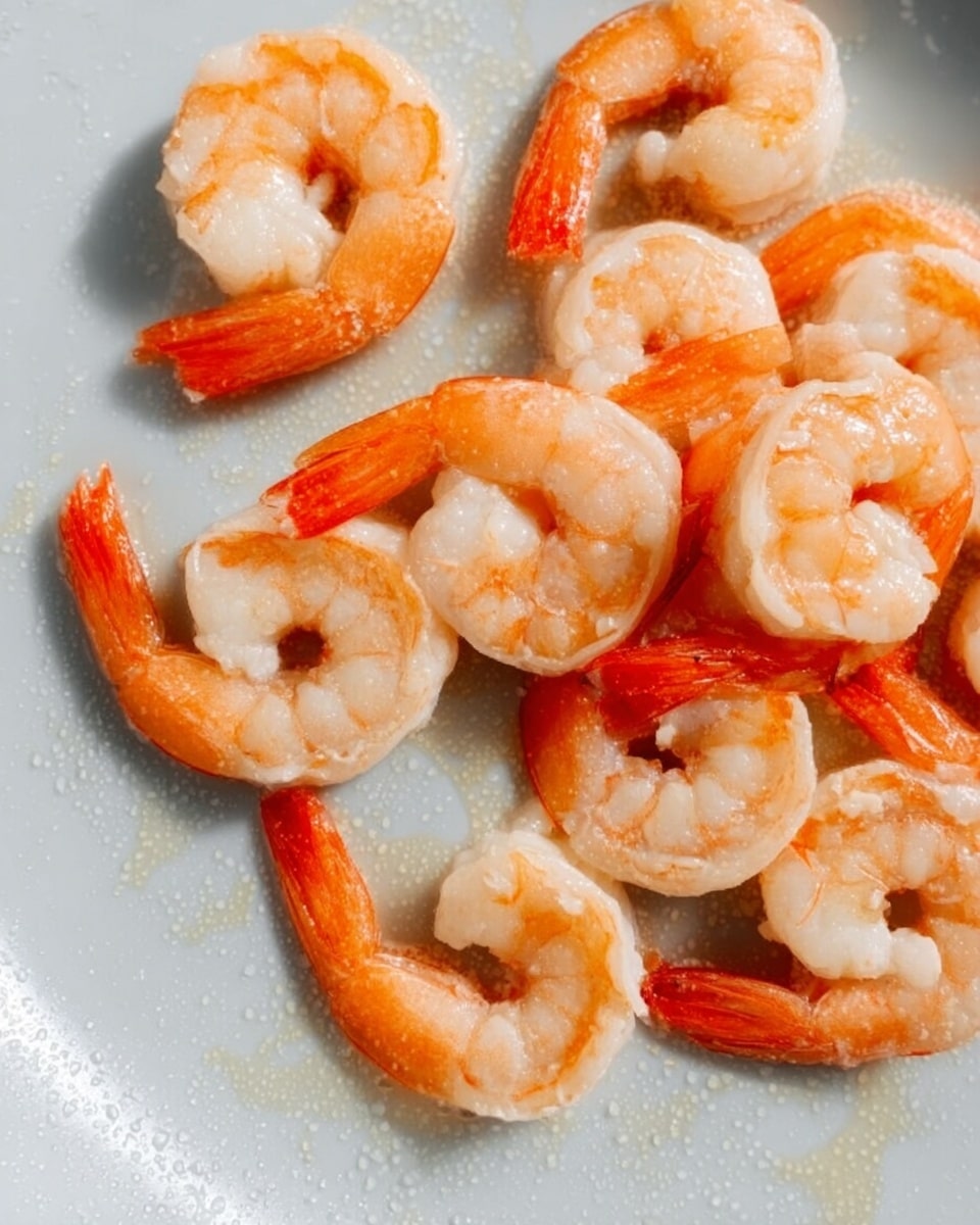 The image shows a close-up view of many cooked shrimp laid out in a single layer on a white pan. The shrimp have a bright pink and white color with a slightly shiny texture, and their tails are still attached. The pan has a soft sheen from the cooking oil and is placed on a white marbled surface. The shrimp are spread evenly, filling most of the pan's flat bottom, with some steam or light gloss showing they are freshly cooked. Photo taken with an iphone --ar 4:5 --v 7