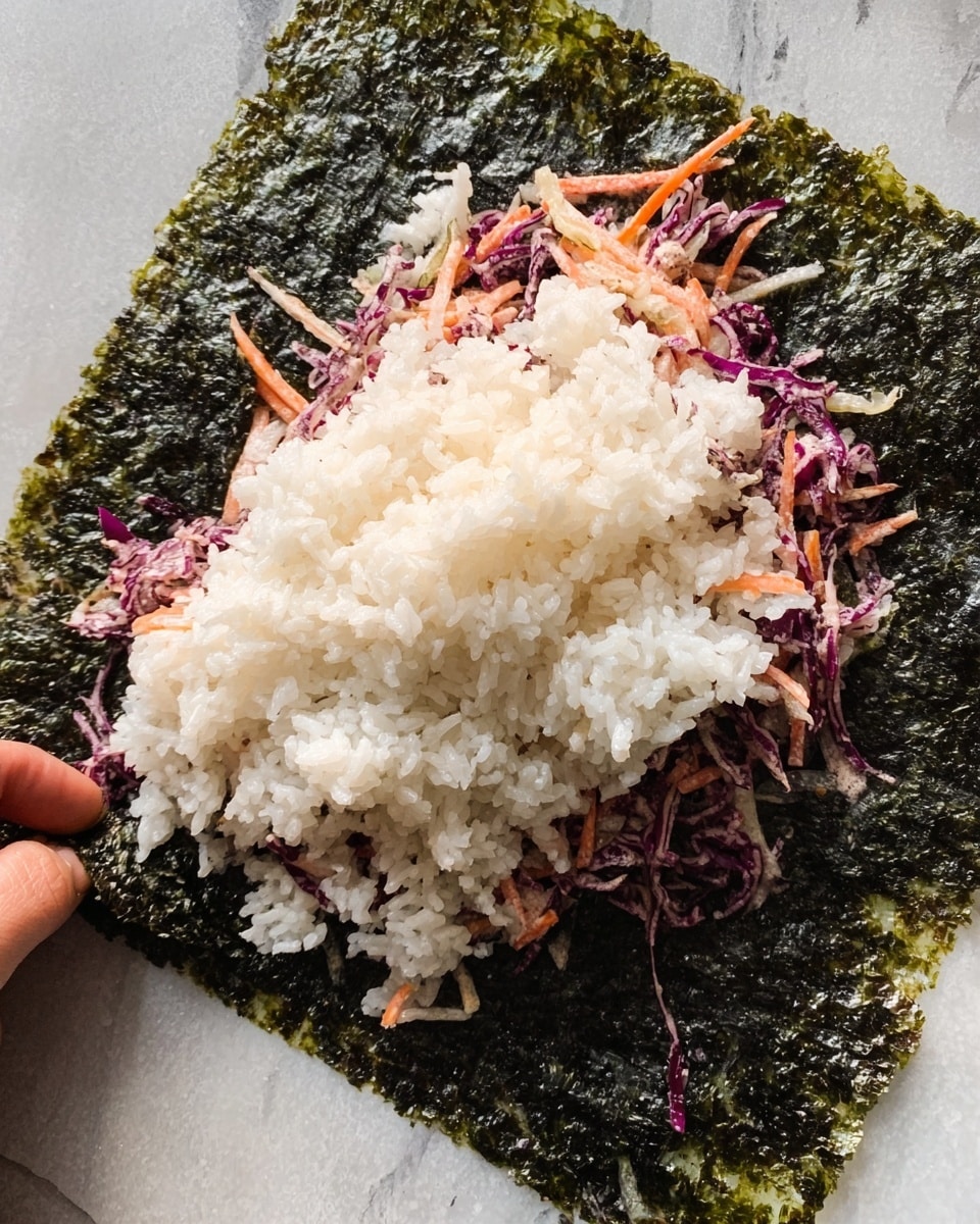 A close-up of a thick sushi roll held by a woman's hand, showing five visible layers. The outermost layer is a thin black seaweed wrap. Inside, there are two thick layers of white sticky rice, each separated by thin strips of seaweed. Between the rice layers, there are shredded purple cabbage and small bits of orange carrot mixed with light pink shredded tuna, giving the middle layers a colorful and textured look. The sushi roll is held above a white marbled surface. photo taken with an iphone --ar 4:5 --v 7
